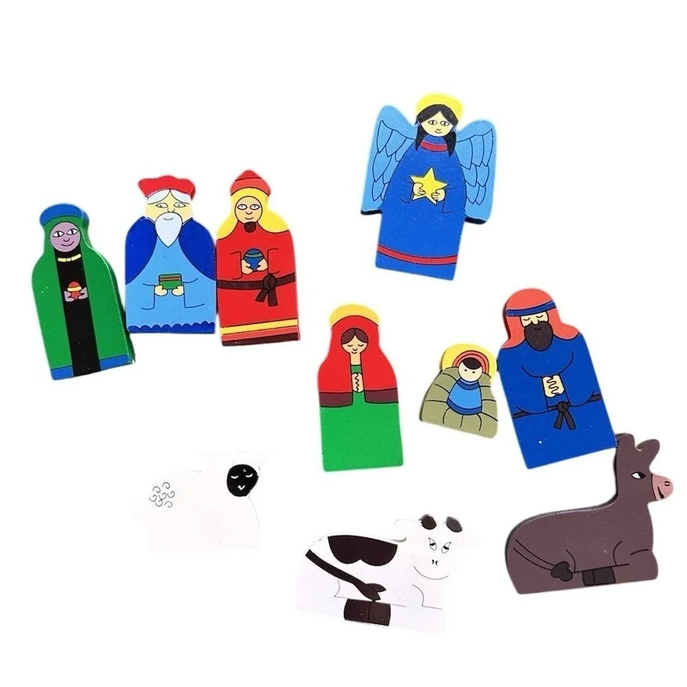 Nativity Wooden Hand Painted Childrens 10 Pieces Xmas Creche Sri Lanka Kids‎